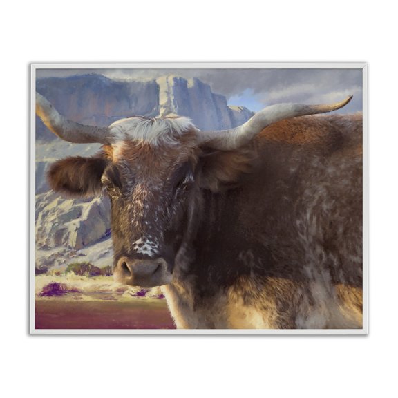 Stupell Industries Rustic Lodge Longhorn Cattle Rural Mountains White Framed Giclee Art, 14 x 11, by Steve Hunziker