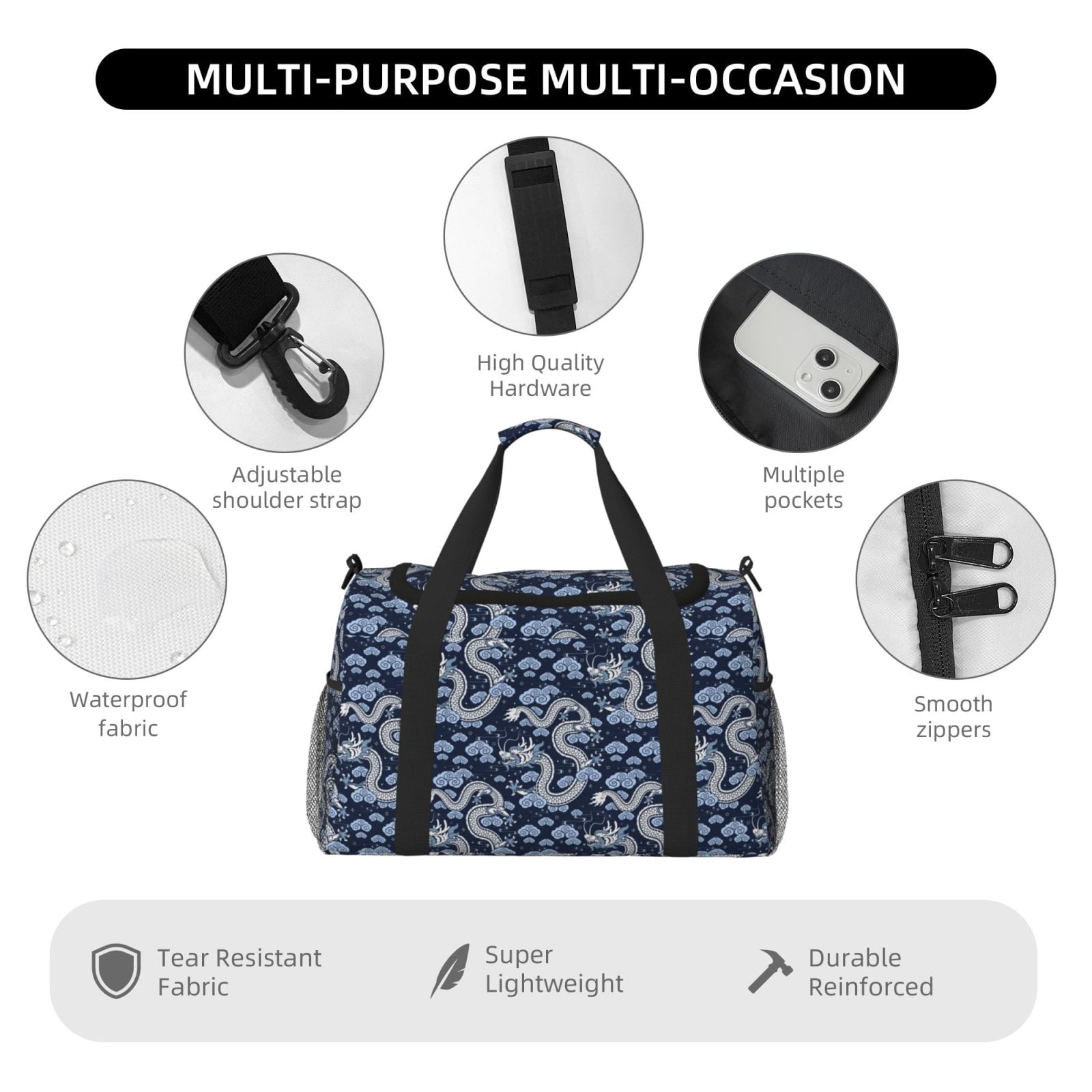 Fuzoiu Dragon Print Travel Duffle Bag,Carry On Tote Bags,Duffel Bag,Sport Gym Bag, Hospital Bag for Labor and Delivery, Overnight Bag,Luggage Bag
