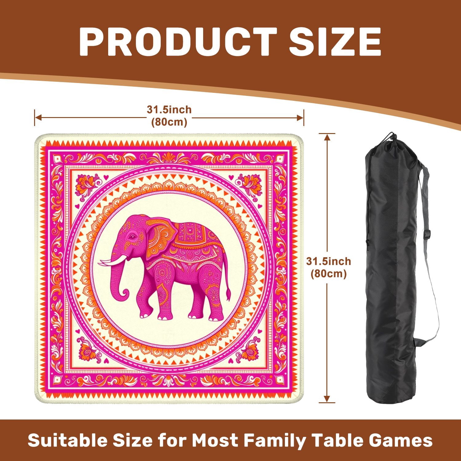 Mahjong Mat 31.5" x 31.5" Ornate Pink Elephant Mandala Art Intricate Floral Ethnic Patterns Non-Slip Noise Reduction American Mahjong Tiles Table Cover for Dominoes Poker Card Board Games Gift