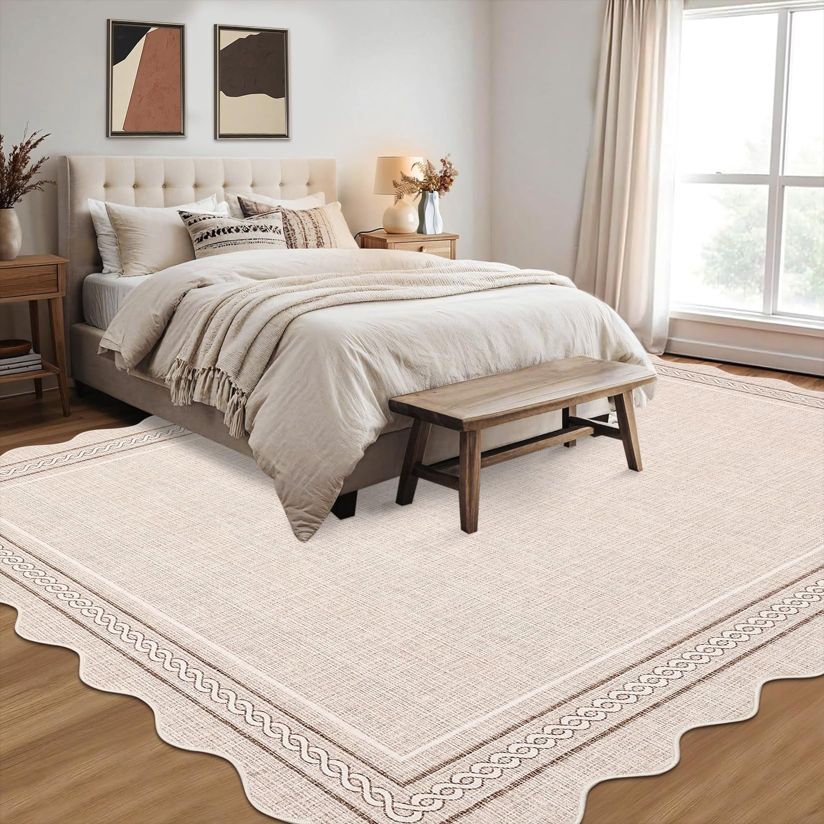 10*14FT Scalloped Large Washable 10x14 Area Rug for Living Room Beige Neutral Non Slip Soft Bedroom Rugs Large Low Pile Foldable tain Resistant Carpet for Nursery Dining Room Classroom, Beige Beige