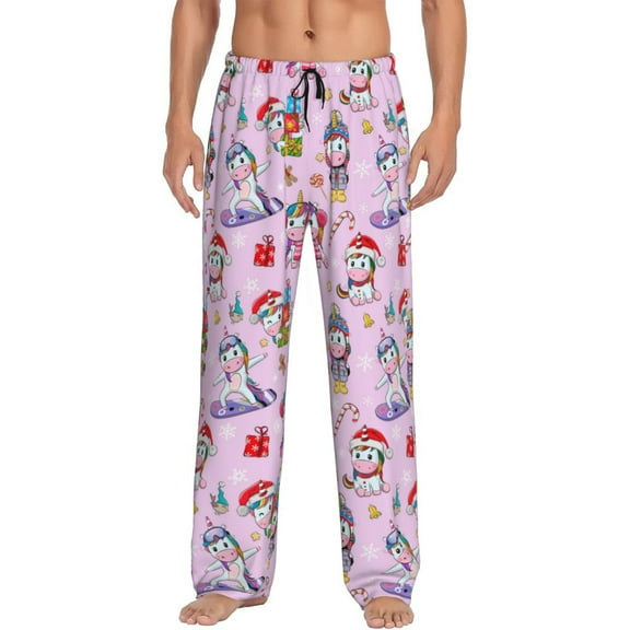 Logiee Christmas Unicorns Print Pajama Pants for Men,Men’s Pajama Bottoms,Mens PJ Pants with Pockets & Button Fly-Small