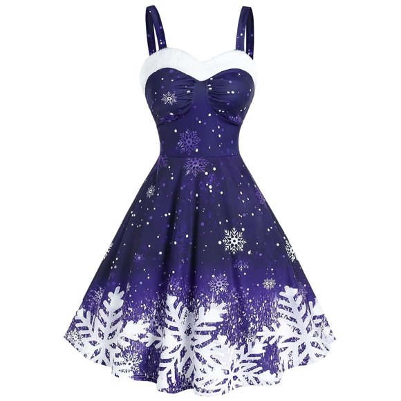 HKEJIAOI Womens dress Women Vintage Christmas Color Snowflake Print Off Shoulder Party Dress Deals Clearance Purple