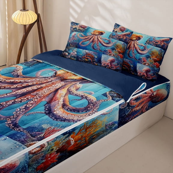 Manfei Watercolor Octopus Zipper Twin Comforter Sets with Fitted Sheet and 2 Pillowcases for Kids Boys and Girls, Underwater World Zipper Bedding Set, Navy Reversible, 4pcs