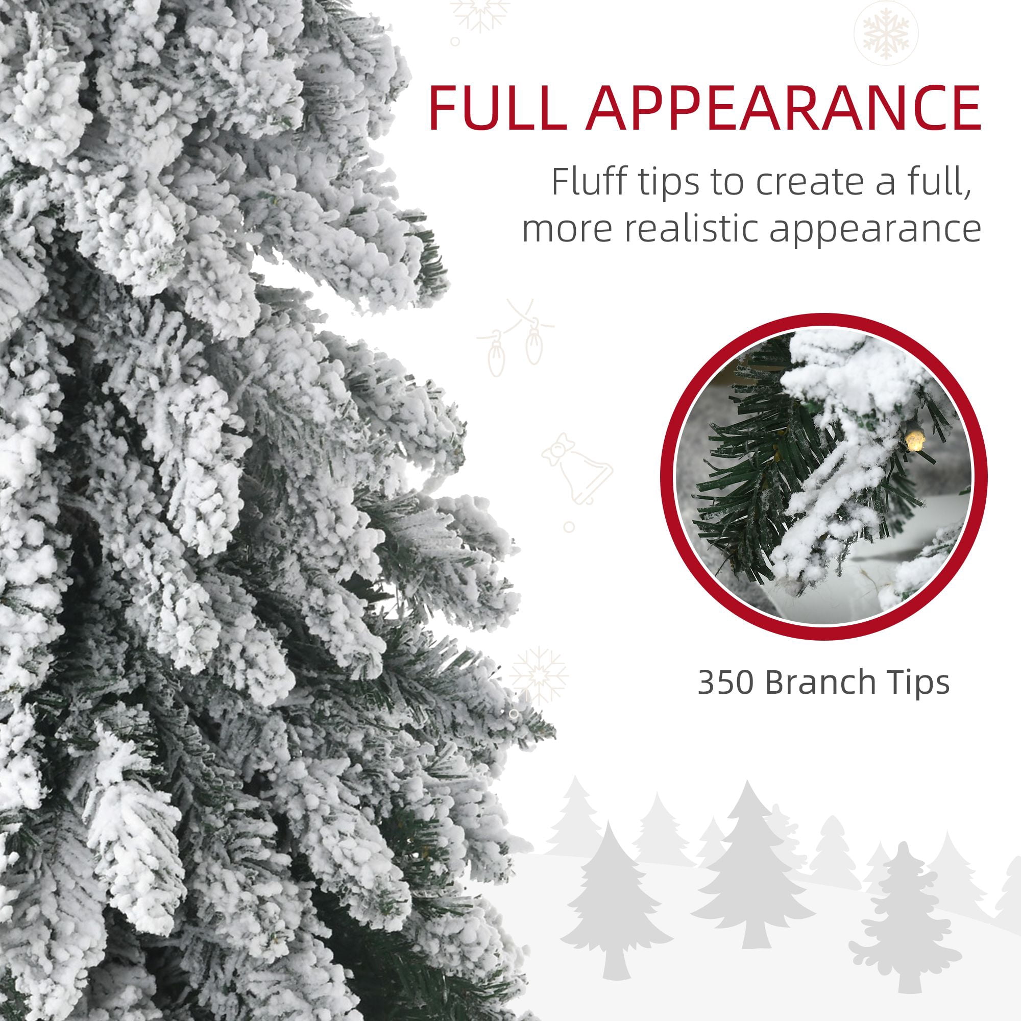 Prelit Pencil Christmas Tree with Snow Flocked Branches, 350 LED Lights, 7 ft, Downswept Shape, Indoor Holiday Decor