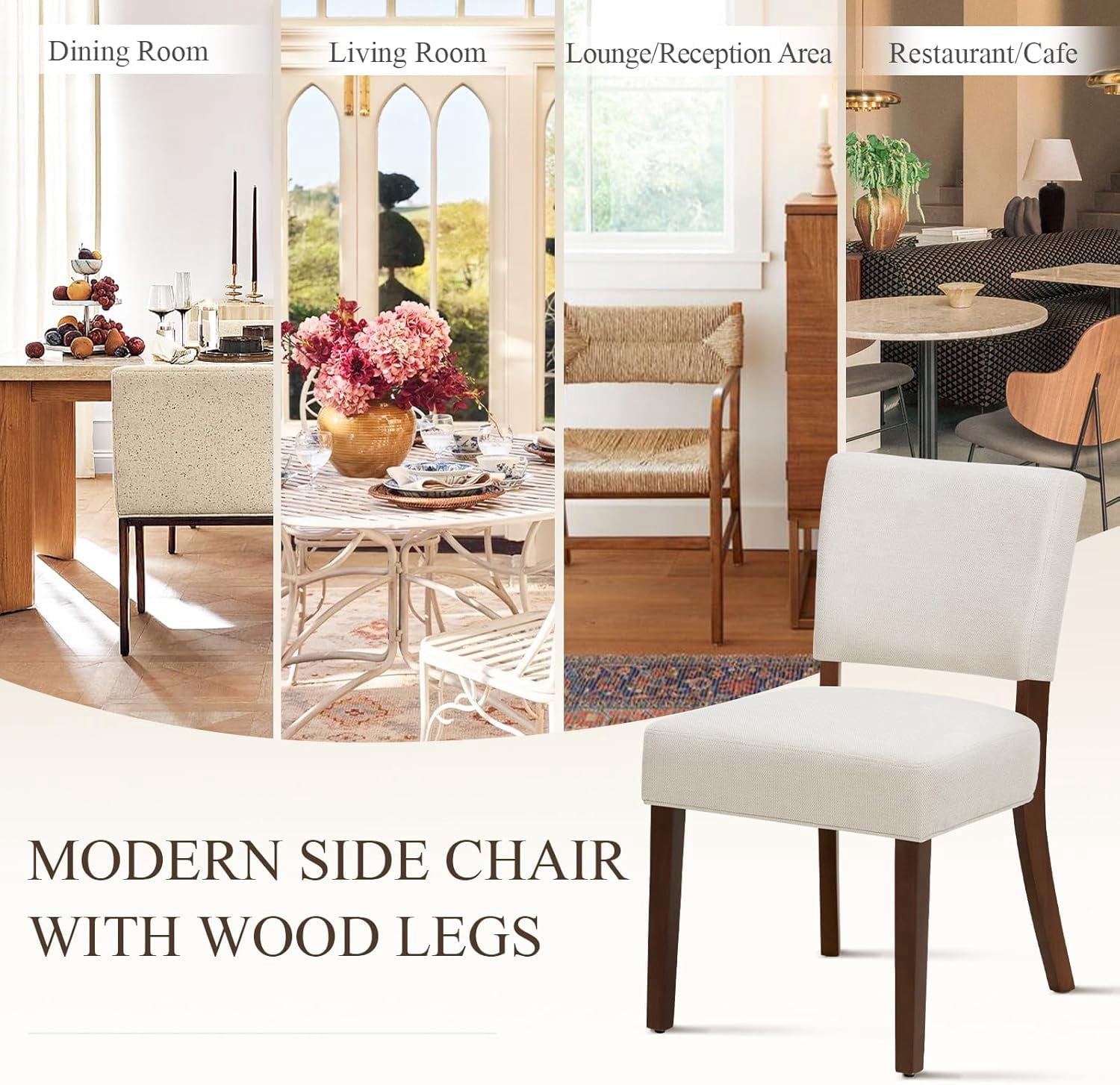 Mid Century Modern Dining Chairs Set of 2, Upholstered Kitchen Chairs with Back, Farmhouse Fabric Side Dining Room Chairs with Wood Legs for Dining Room Kitchen Restaurant, Beige