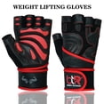 thumbnail image 5 of Weight Lifting Gloves Cowhide Leather Fingerless Padded Long Wrist Support Gym Exercise Powerlifting Gloves Unisex Design Red-XL, 5 of 9