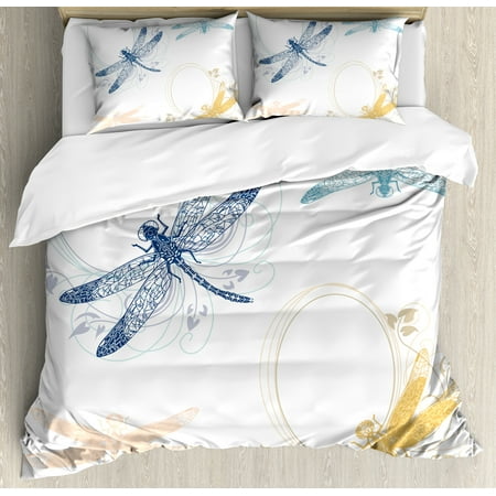 Dragonfly Duvet Cover (Dragonfly Duvet Cover Set, Floral Spring Bugs Wings with Flower Petals Animal Nature Themed Artful Motif, Decorative Bedding Set with Pillow Shams, Multicolor, by)