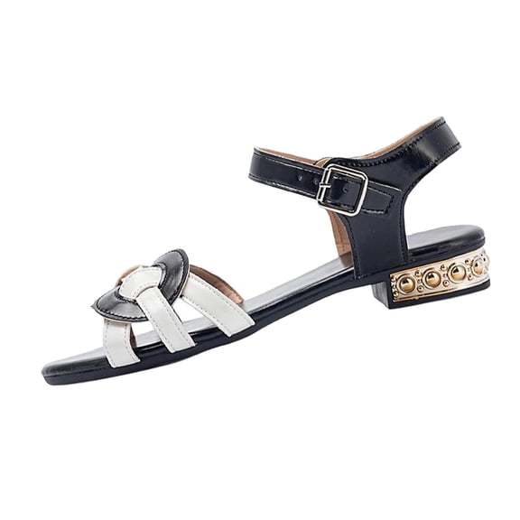 Wensltd Dressy Sandals for Women Casual Outdoor Retro Color Block Chunky Heel Open Toe Buckle Sandals Vintage White