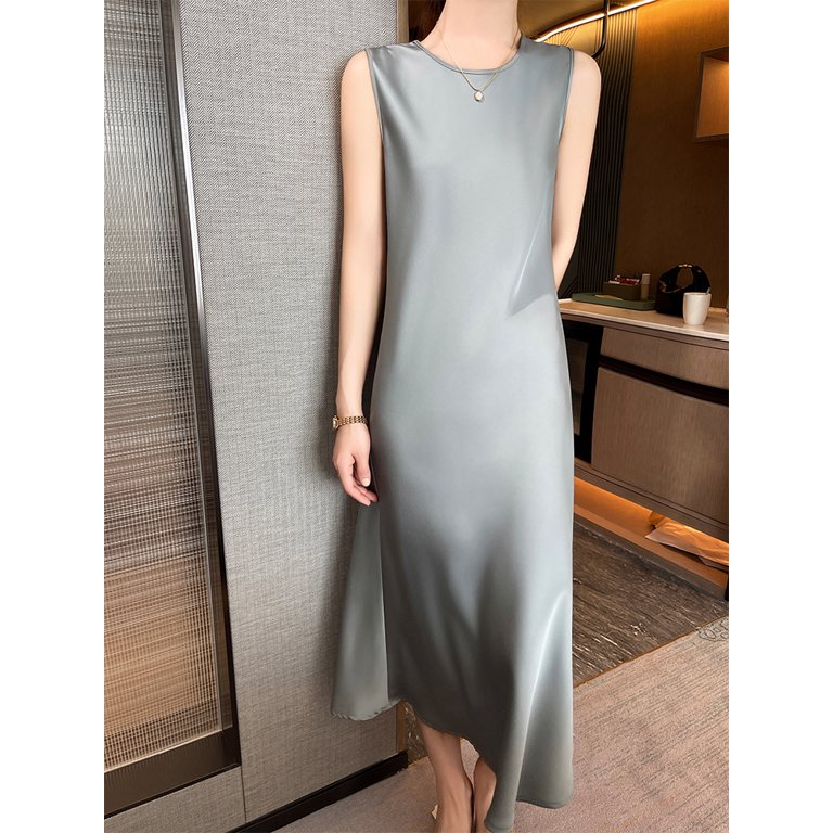 ZOCEPT Summer Solid Silk Long Mid-Calf Party Dresses Elegant Women's Silk  Satin Dress Sexy V-Neck and O-Neck Korean Casual Dress - Walmart.com