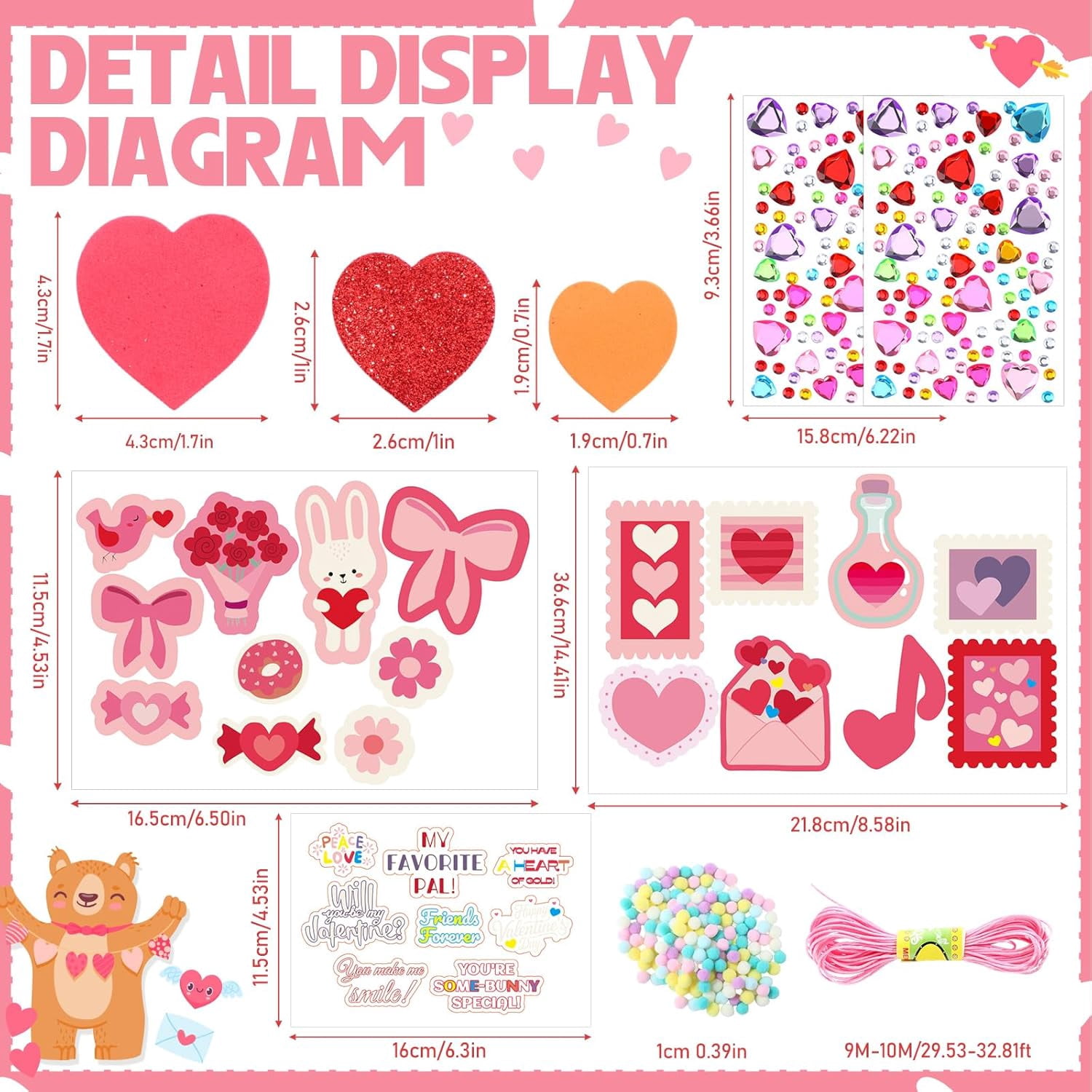 Valentine's Day Craft Kit DIY Bookmarks Set with Assorted Cards, Heart Foam Sticker, Poms, Rhinestone, Motivational Stickers for Gifts Exchange