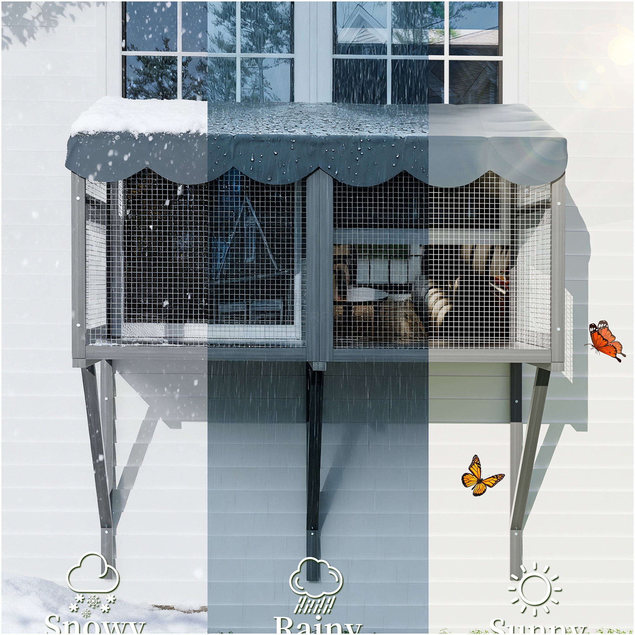 JERFIT Cat Window Enclosure Box, Gray Wooden Catio Perch for Indoor Cats, Expandable Outdoor Haven with Weather-Resistant Roof, Secure Wall Mount