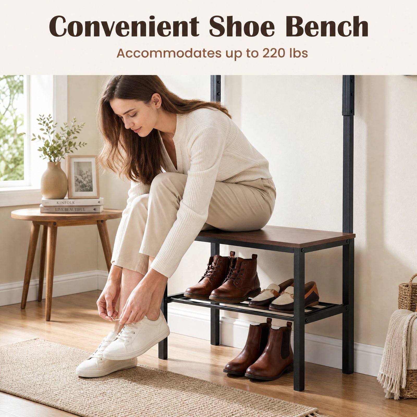 Furnibear 3 in 1 Freestanding Entryway Hall Tree with Bench and Hooks and Shoe Storage for Mudroom and Hallway, Rustic Brown
