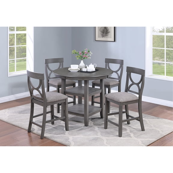 Gray Counter Height Dining, 5pc , Round Table, Padded Chairs, Storage Area, Modern Dining 4 Function