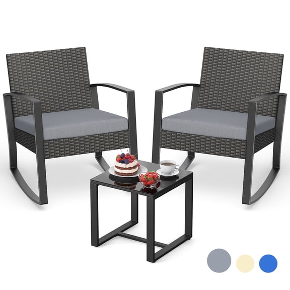 Patio Furniture Set, Lofka 3 Pieces Outdoor Porch Furniture Set with Rocking Chairs and Glass Table for Balcony & Garden, Gray Cushion