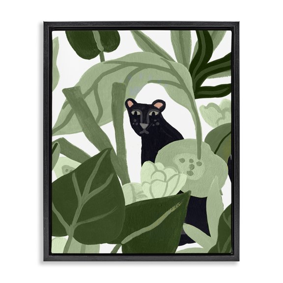 Stupell Industries Panther Peeking from Leaves Plants & Flowers Painting Black Floater Framed Canvas Art Print Wall Art, 17 x 21