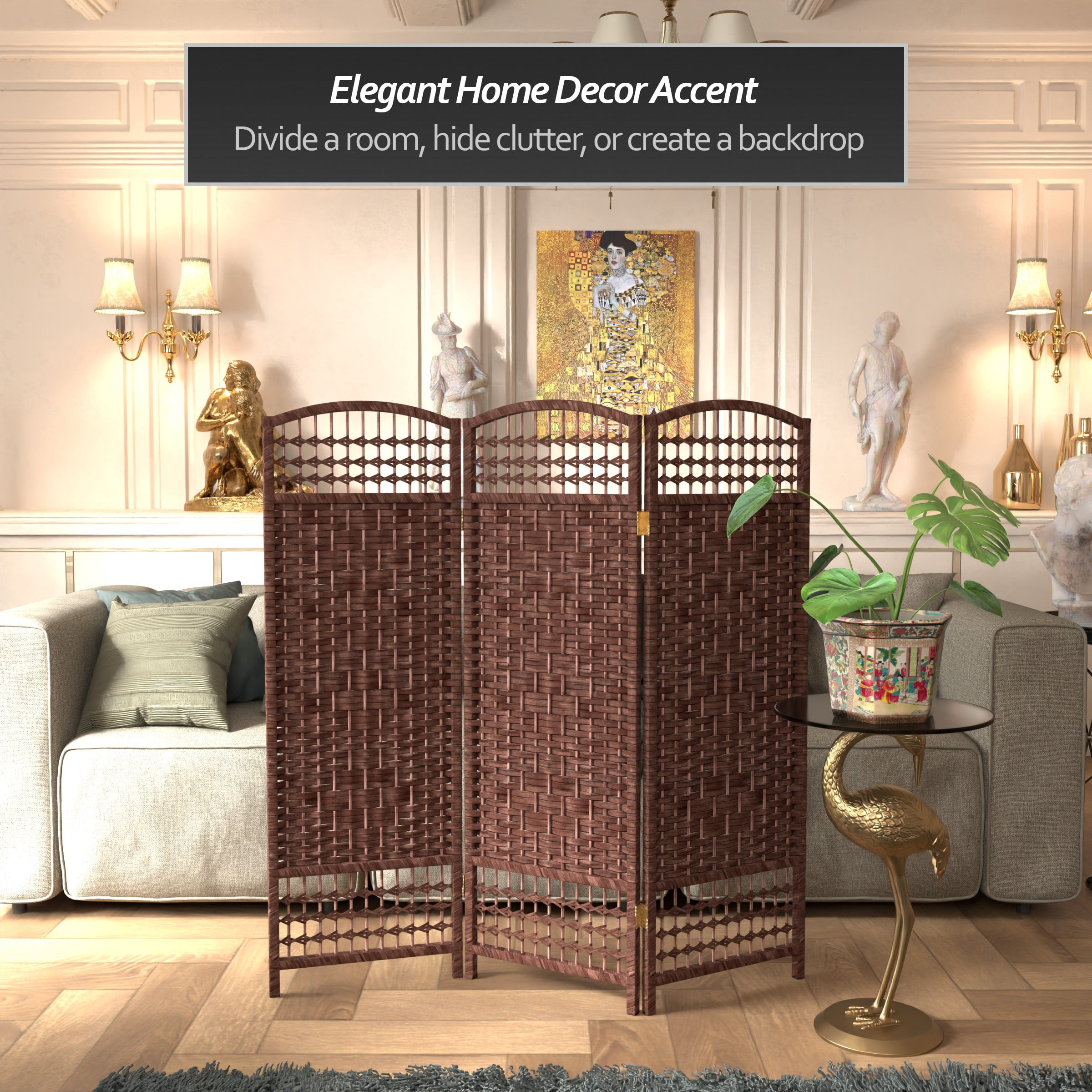 Red Lantern 4 ft. Folding Screen Room Divider - Short Fiber Weave, Dark Red, 3 Panels