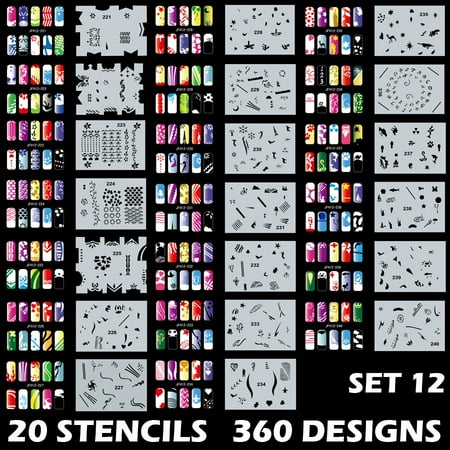 Airbrush Stencil Template Set Custom Body Art Airbrush Nail Stencils - Design Series Set # 12 includes 20 Individual Nail Templates with 18 Designs ()