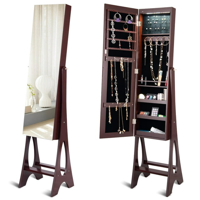 Giantex Jewelry Armoire with Frameless Full-length Mirror and 12 LED Lights, Brown