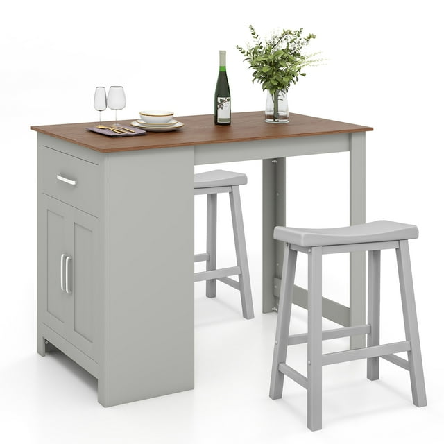 Costway Ensemble de Table de Bar 3 Pcs Table de Pub avec Tabourets de Selle et Armoire de Rangement Gris