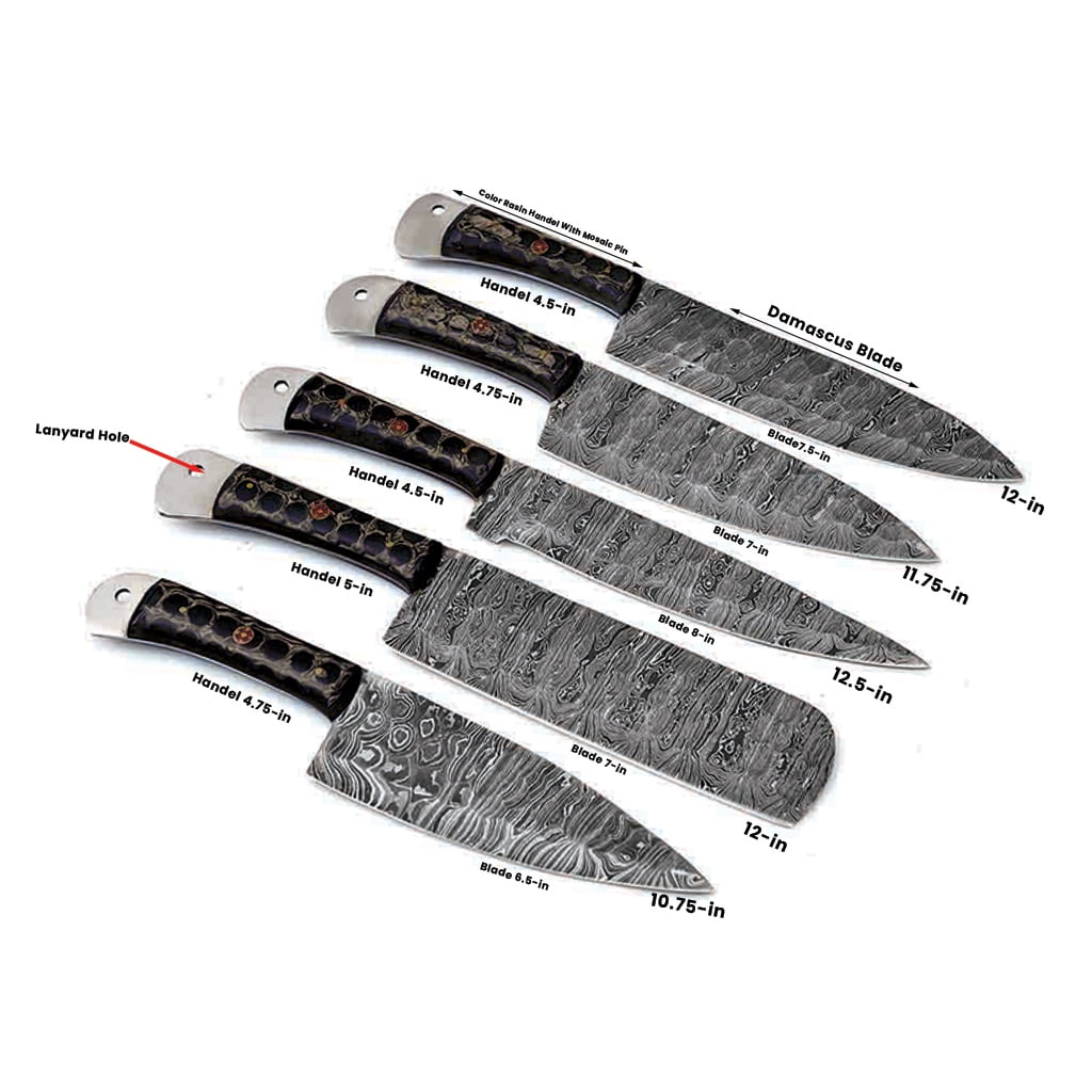 Gentry Choice Damascus Steel Kitchen Knives Set of 5 with Resin Black Handles