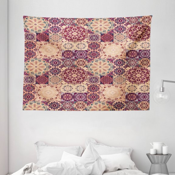 Moroccan Tapestry, Grid Style Ornate Ceramic Style Tile Orient Vintage Inspirations, Wall Hanging for Bedroom Living Room Dorm Decor, 80W X 60L Inches, Maroon Pale Orange Dark Blue, by Ambesonne