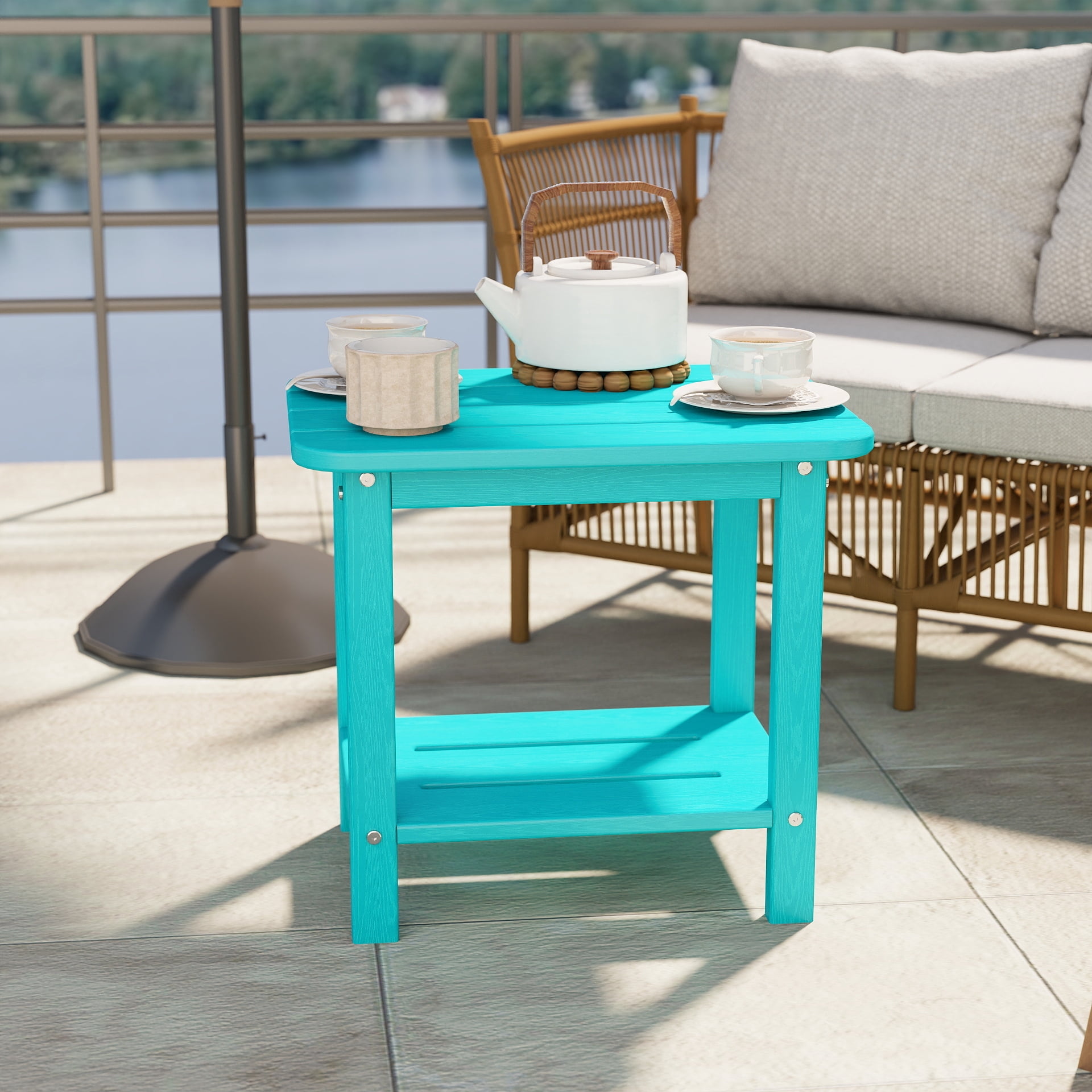 Cobiod 14 x 18.4 Inch Double Tier All Weather Patio End Table HDPE Outdoor End Table for Porch Lawn Poolside Fire Pit Durable Fits Adirondack Chairs,aruba