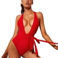 thumbnail image 2 of Aayomet Sexier Than Ms. Keeny Solid Color Belt Deep V Neck High Waisted Bathing Suit Beach Suit Plus Size Bikini Top,Red Large, 2 of 3