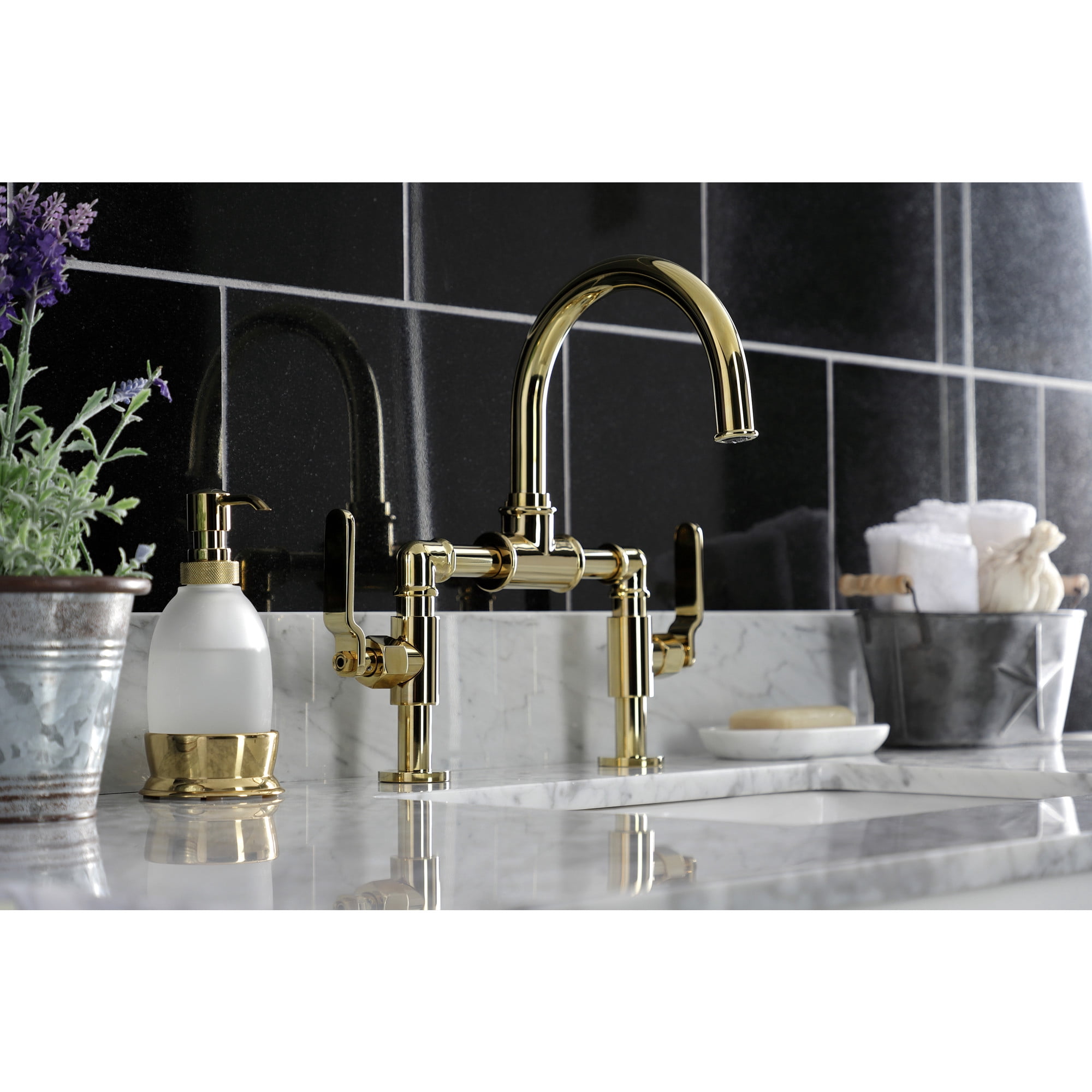 Kingston Brass KS2172KL Whitaker Industrial Style Bridge Bathroom Faucet with Pop-Up Drain, Polished Brass