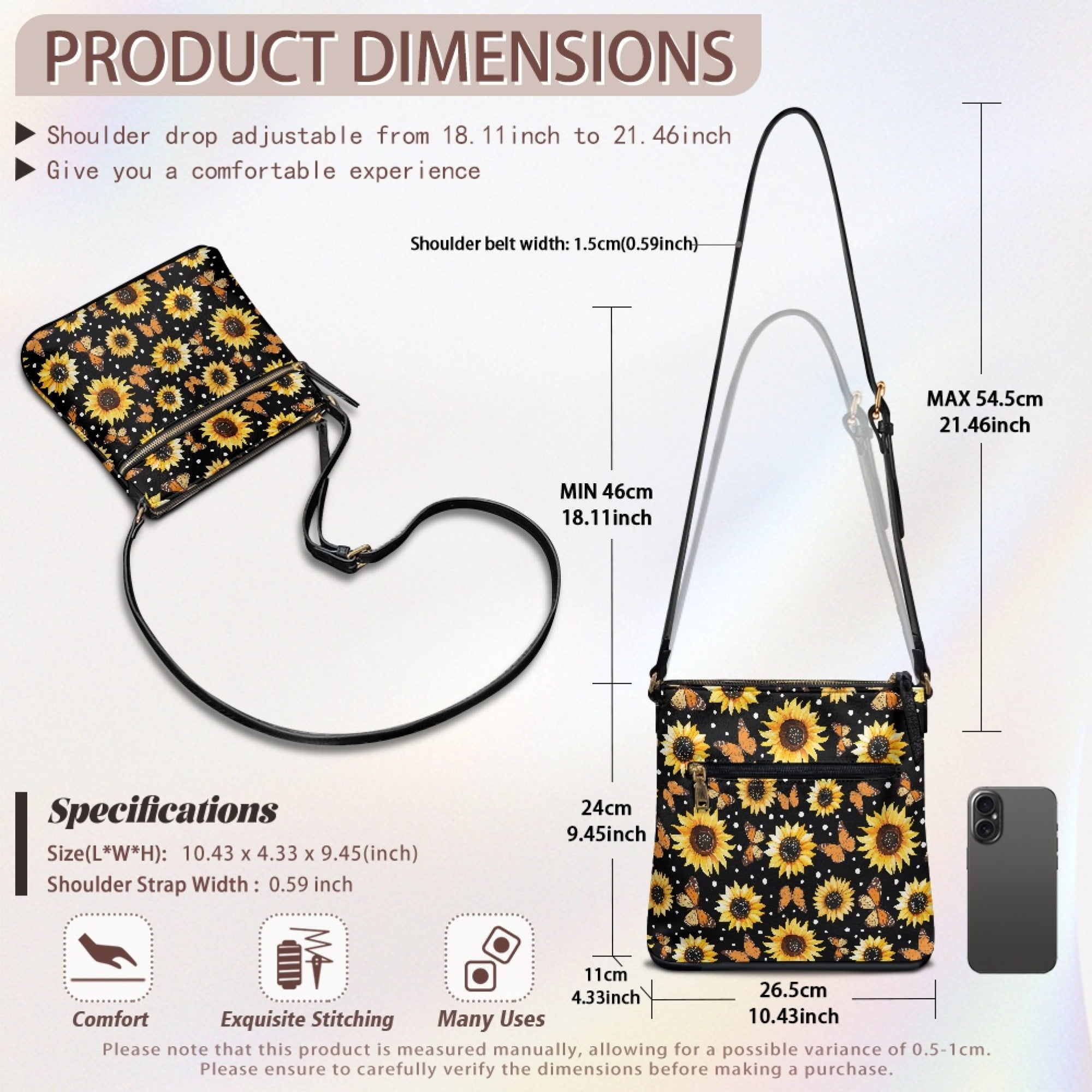 Kuiaobaty Sunflower Butterfly Print Crossbody Bag for Women, Medium Size Portable Leather Satchel Purse with Adjustable Strap, Sturdy Waterproof Messenger Handbag Crossbody for Travel