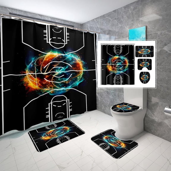 4PCS Boys Shower Curtain Set - Basketball Sports Shower Curtain for Boys Bathroom Decor Basketball Shower Curtain with Bath Mat and 12 Hooks Basketball Bathroom Decor for Boys Teens Mens, 70" x 70"