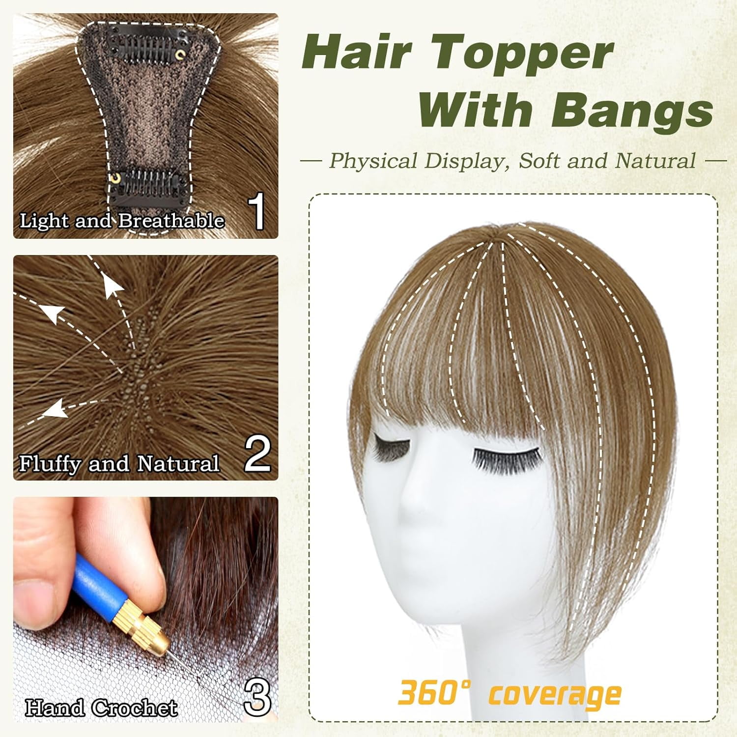 3D Clip in Hair Topper with Wispy Bangs 11 inch Human Hair VASILIA Bangs Hair Clip, Clip in Bangs Hair Toppers for  main image 3