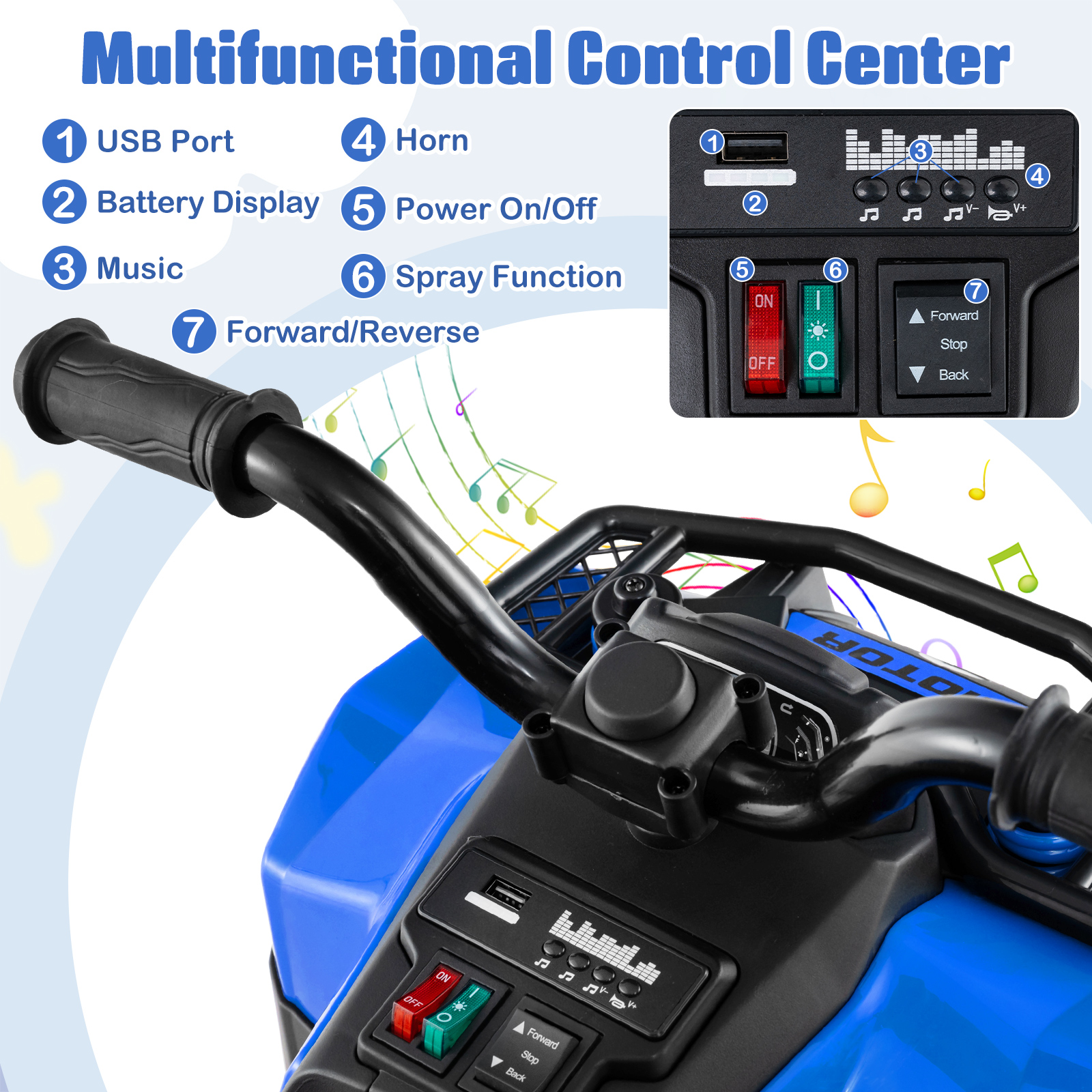 Costway 6V Toddler Ride On Electric Car ATV with Lights & Music & USB Port Storage Box Toy Car Navy