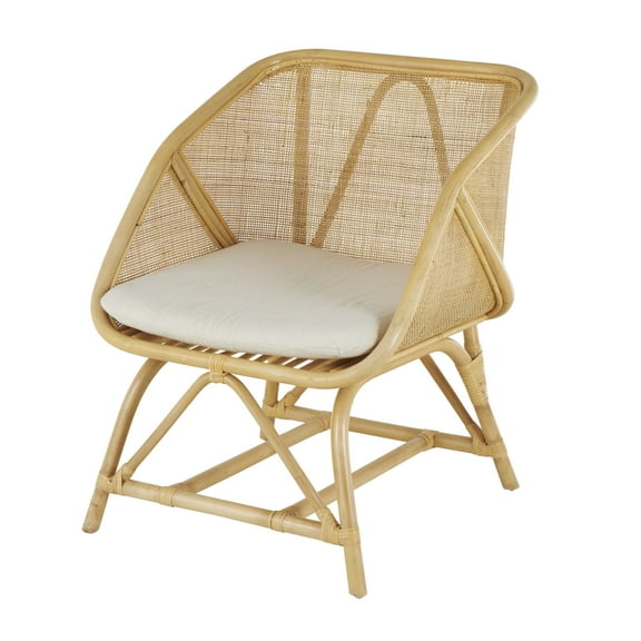 DecMode Rattan Woven Squared Lounge Chair with White Fabric Cushion, Light Brown