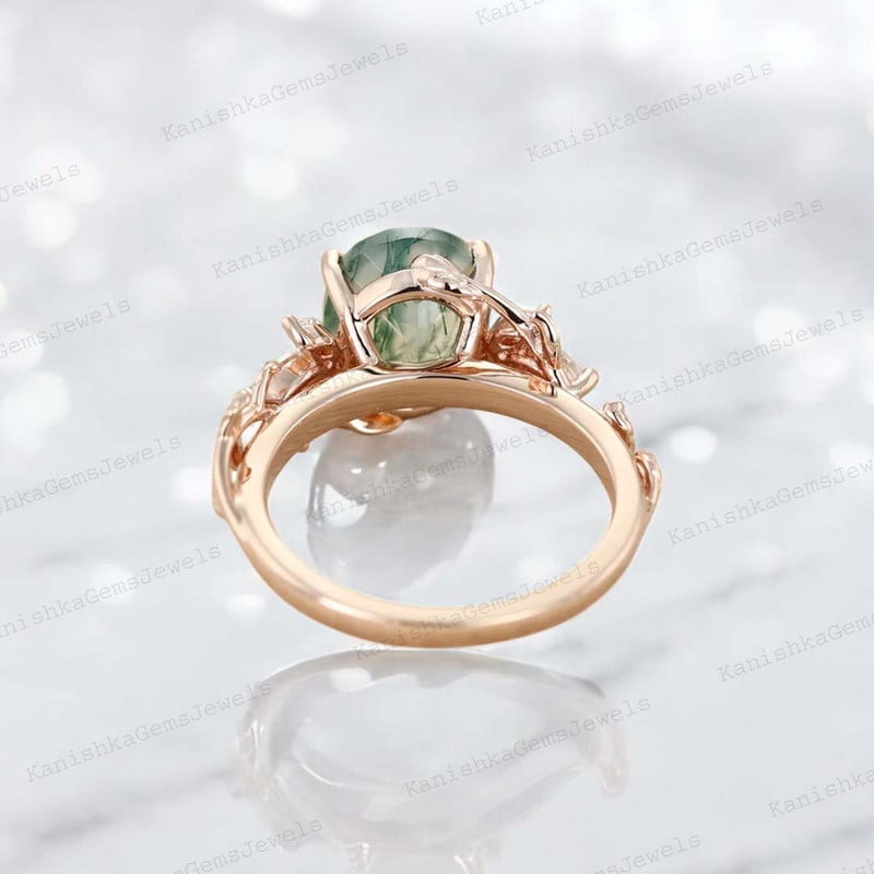 KANISHKAGEMS&JEWELS 2Ct 8x6mm / Natural Moss Agate Engagement Ring CZ Diamond Twig Ring Nature Inspired Women Jewelry Proposal Gift Ring for Lover