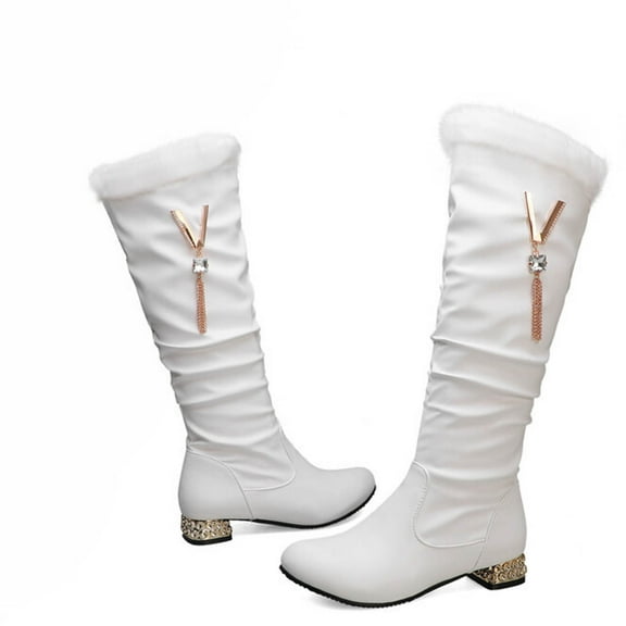 Lovskoo 2024 Women's High-Heels Knee High Boots Round Toe Plus-Size Boots With Raised Printed Thigh-High Boots White