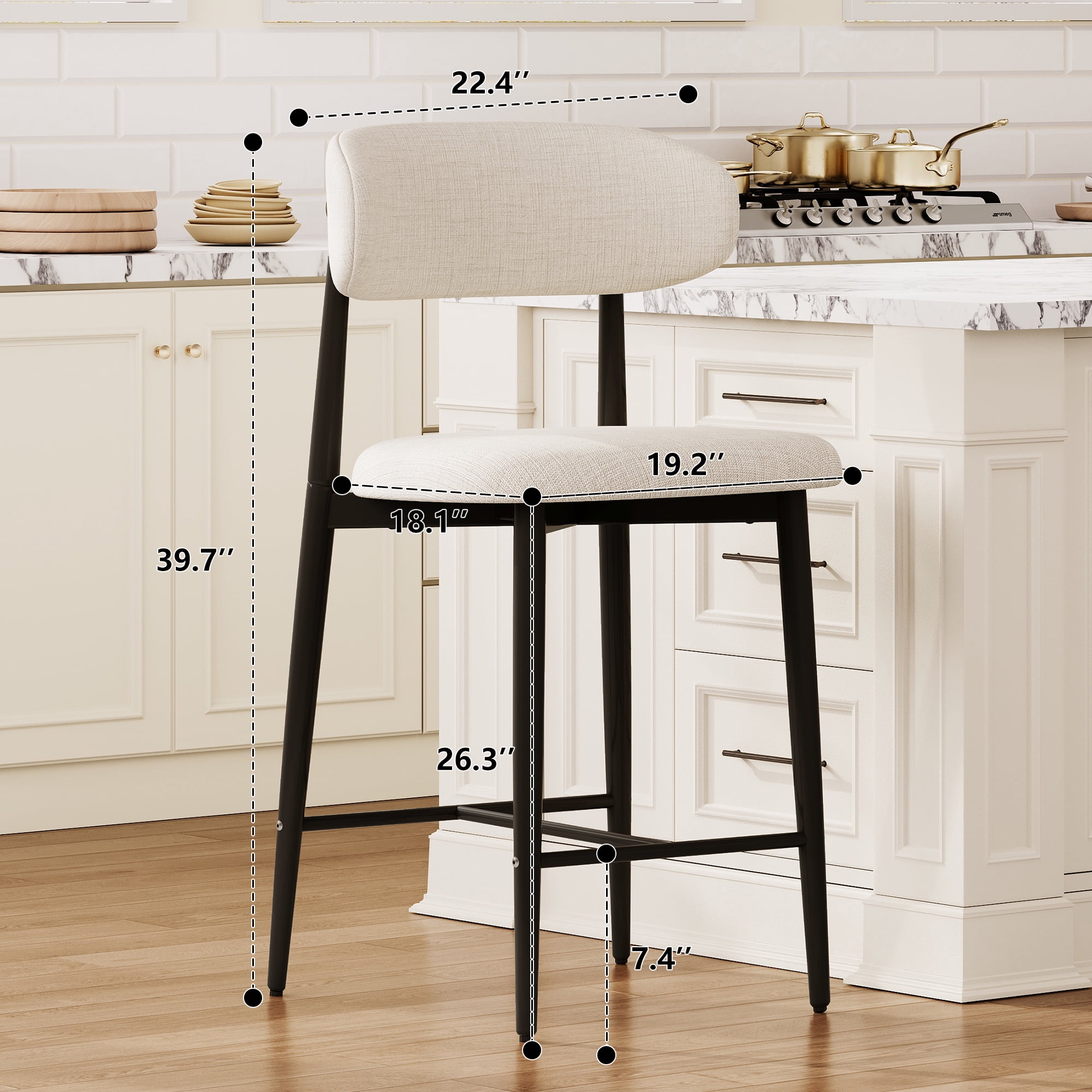 Leumius 26" Counter Height Bar Stools Set of 2,Upholstered Linen Bar Chairs with Metal Legs,Modern Kitchen Island Counter Chairs for Kitchen Island,Dining Room,300LBS,Black