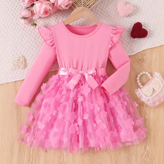 ZHOGXU Big Kids Girls Dress Long Sleeve Round Neck Butterfly Design Mesh Comfortable Stylish Dresses For Party And Daily Wear Pink 2-3 Years