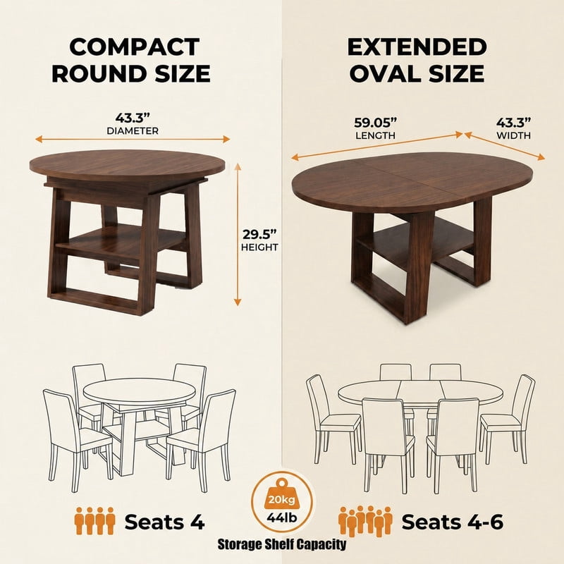 43"-59" Extendable Round-to-Oval Dining Table for 4-6 with Flip-Up Leaf, Kitchen Accent Dinner Table with Storage Shelf