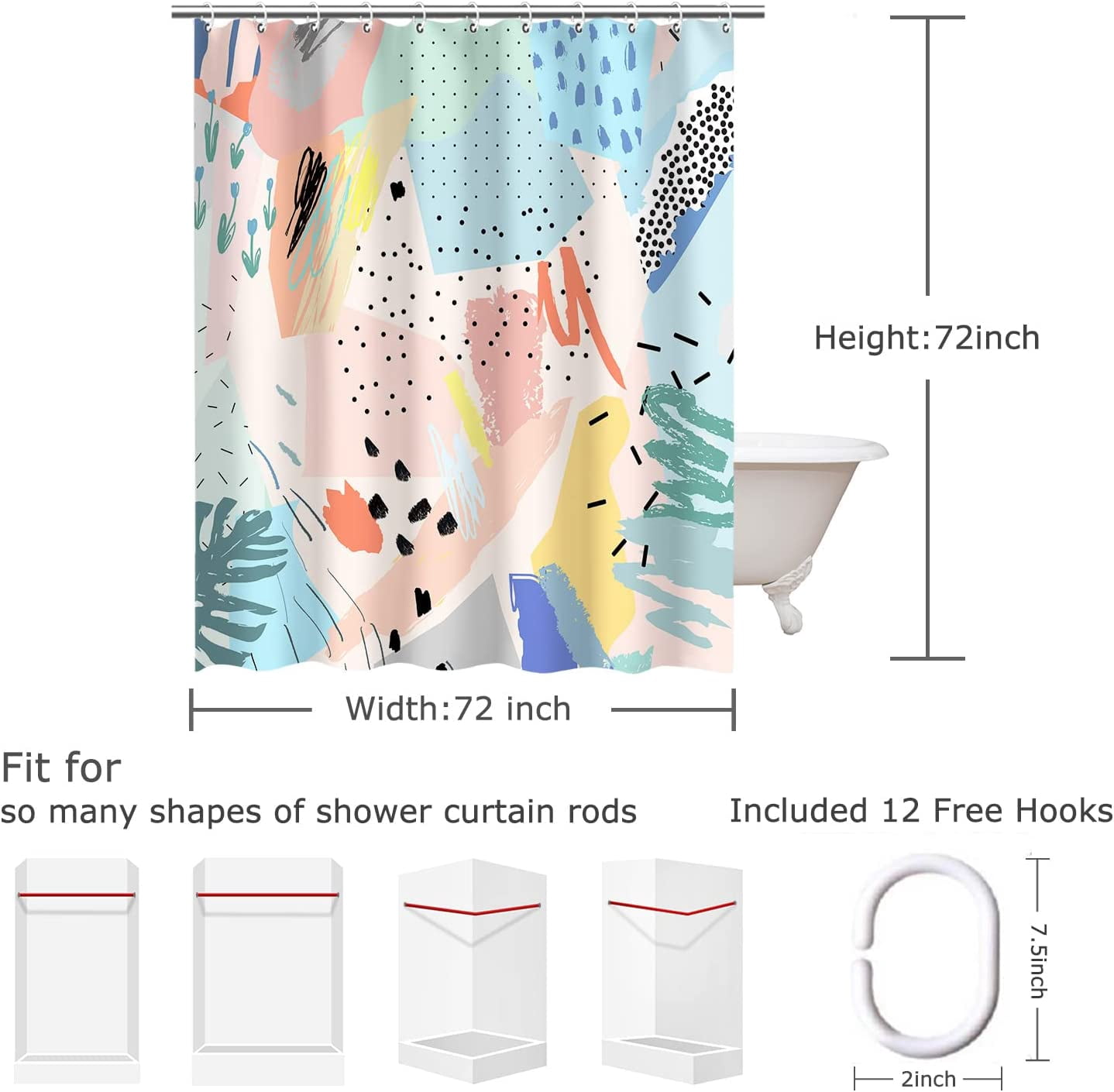 Modern Shower Curtain Abstract Shower Curtain, Colorful Shower Curtain Art Pink Minimalist Geometric Shower Curtains for Bathroom, Blue Green Yellow Bathroom Decor, 72" x 72" Inches