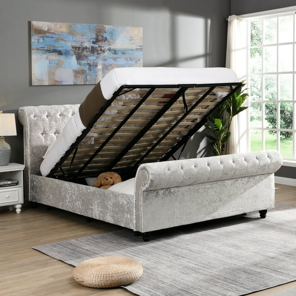 Hydraulic Lift Queen Upholstered Bed With Fabric Size Covered Headboard And Storage