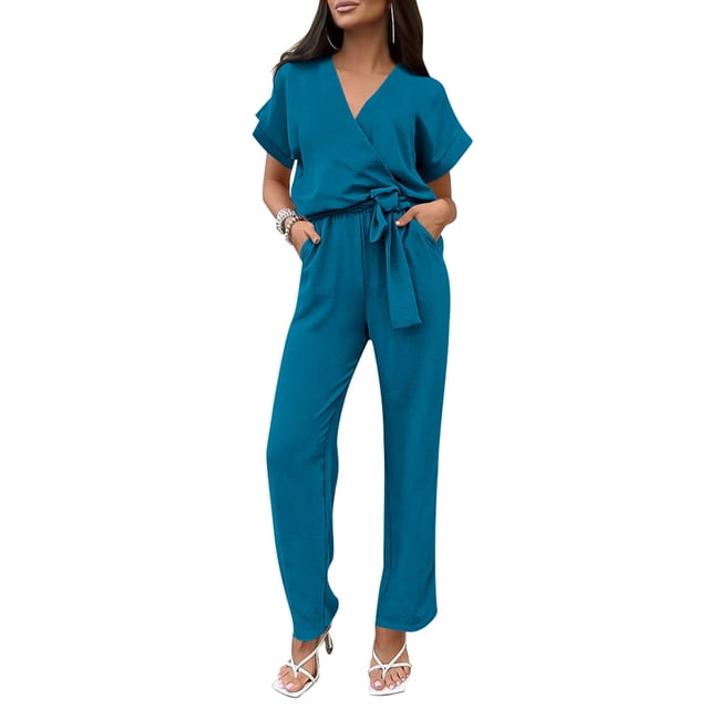 Mono Enterizo PRETTYGARDEN Mujer Cuello en V Manga Corta Azul Talla L