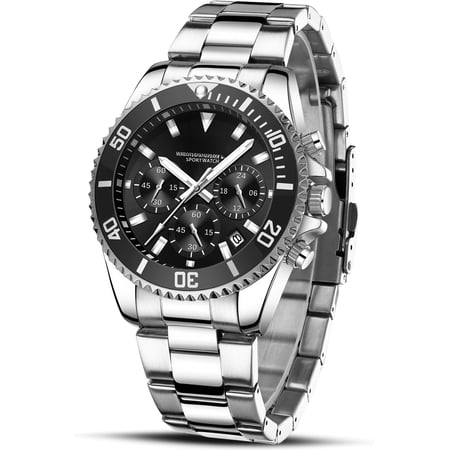 Mens Watches Chronograph Black Stainless Steel Date Analog Quartz Watch Business Casual Fashion Wrist Watches for Men