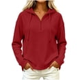 thumbnail image 3 of Women Loose Fit Half Zip Red Hooded Sweatshirt Sevevn Waffle Knit Drawstring Pullover For Spring Fall Daily Wear, 3 of 8