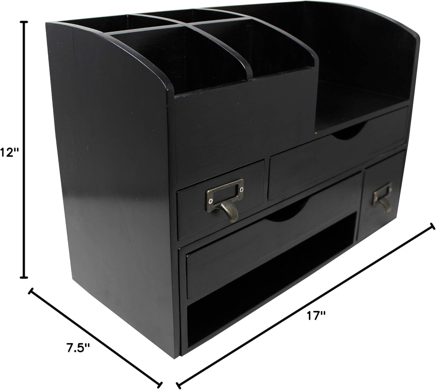 Adjustable Wooden Desk Organizer For Desktop, Tabletop, Office or Counter – Wood Storage Shelf Rack For Office Supplies, Desk Accessories, or Mail – Black