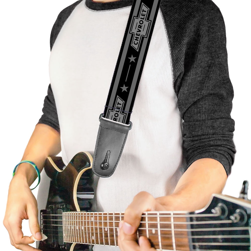 GM General Motors Guitar Strap, Vintage Chevrolet 1934 Bowtie Logo Stars Stripe Black Grays, 2 Inches Wide
