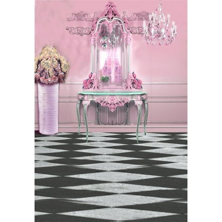 Baby Girl Lamp - GreenDecor Polyster Pink Backdrop 5x7ft Photography Background Black and White Mosic Floor Pink Style Lovely Pendant Lamp Windows Romantic Girls Baby Photo Backdrop for Video Shoot Photo Studio Prop