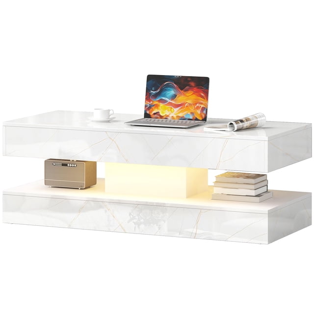 Modern White Marble-Effect Coffee Table with LED Lights & Storage | 47" Living Room Center Table with Drawers | Scratch-Resistant MDF & Particleboard