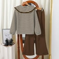 thumbnail image 4 of Owordtank Girls Trendy Casual Sweatsuit: 2-Piece Striped Print Collar Pullover Sweatshirt & Flare Pants, Fall Winter School & Play Outfit, 4 of 5