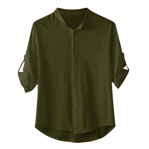 Fall Shirts for Men Solid Cotton Linen Cardigan Sleeve Pocket Half Sleeve Lapel Shirt Blouse