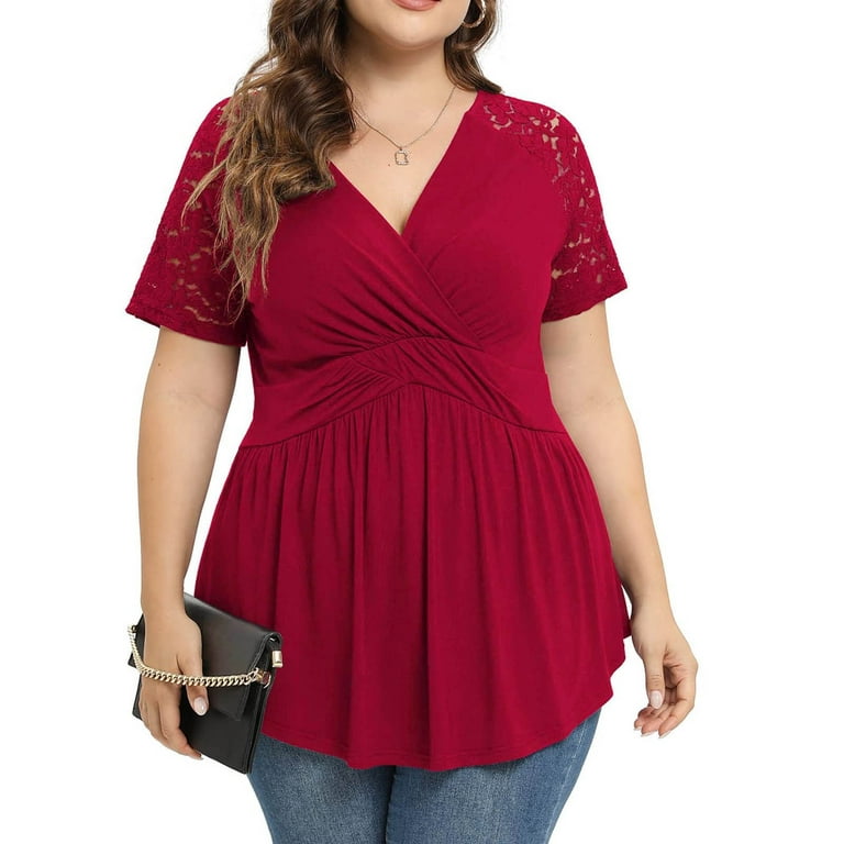 RQYYD Women Plus Size Top Lace Short Sleeve Wrap Dressy Shirt Low Cut  Babydoll Blouse Summer Casual Pleated V Neck Tee Tshirt(Red,5XL)